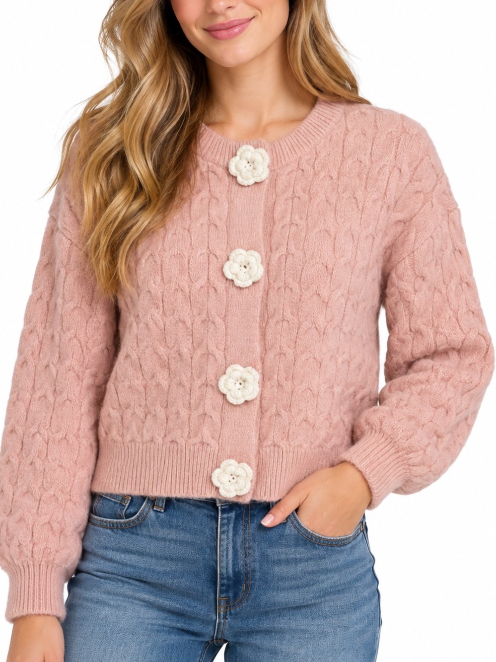 Altar’d State Pink Cable Knit Flower Button Cardigan M/L NWT Coquet